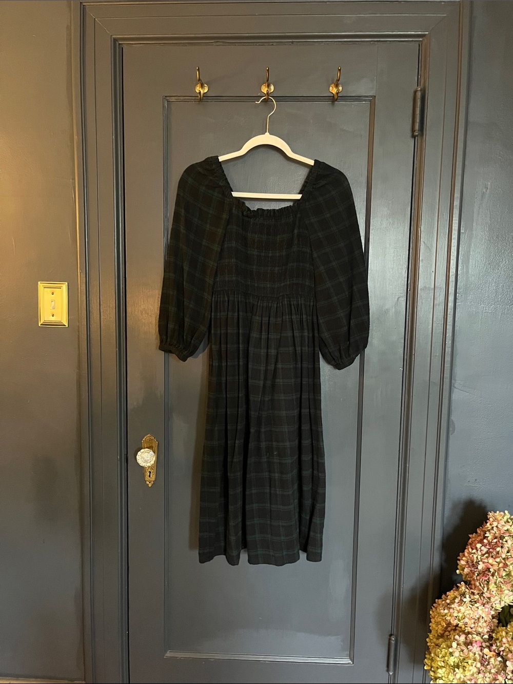 J. Crew Black and Green Plaid Midi Dress